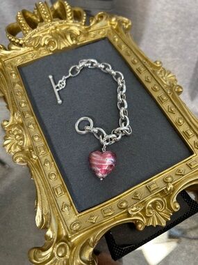 OTC 925 Sterling Silver Chain Bracelet with Pink Glass Heart Charm